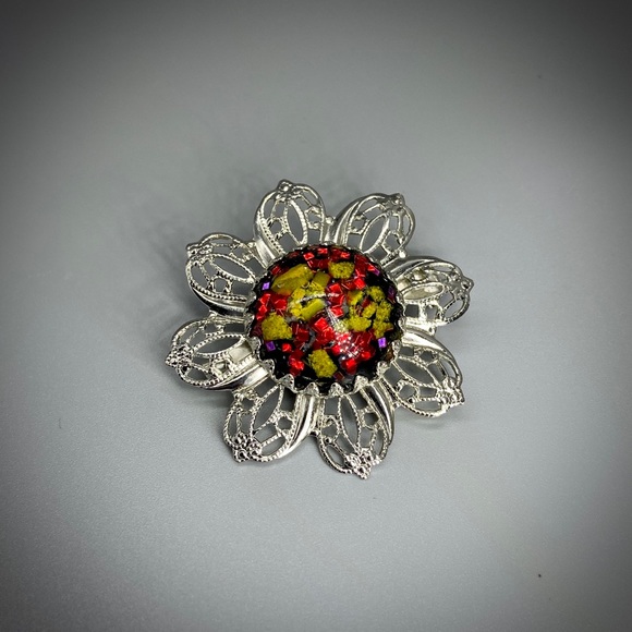 Vintage Faux Opal Silver Filigree Brooch - Picture 2 of 11
